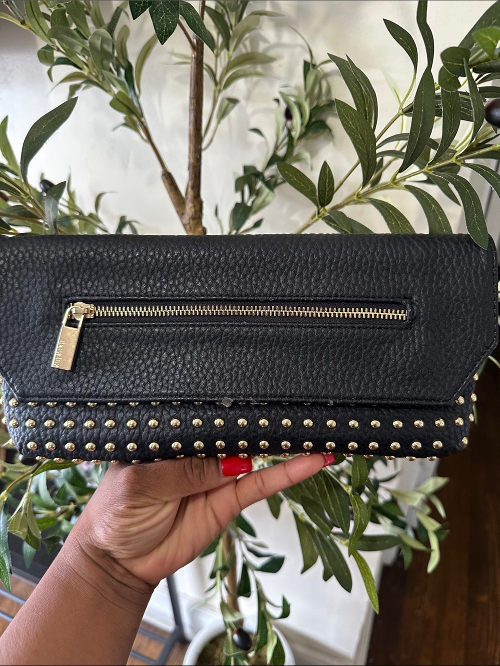 Black Studded Leather Clutch with Gold Hardware